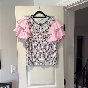 Anthropologie Black and Pink Ruffled Blouse